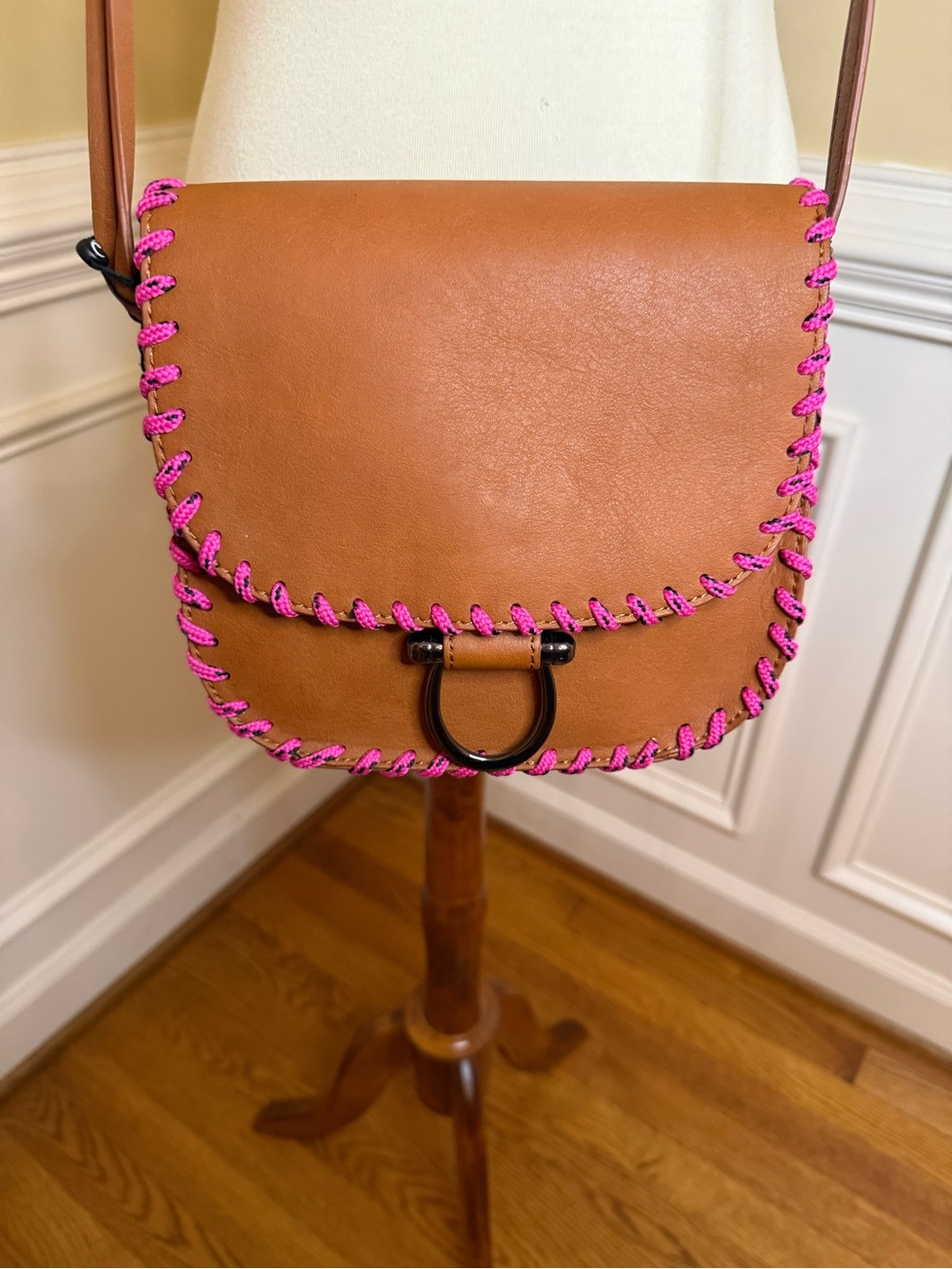Sam Edelman Circus Leather Crossbody Saddle Bag with Pink Trim